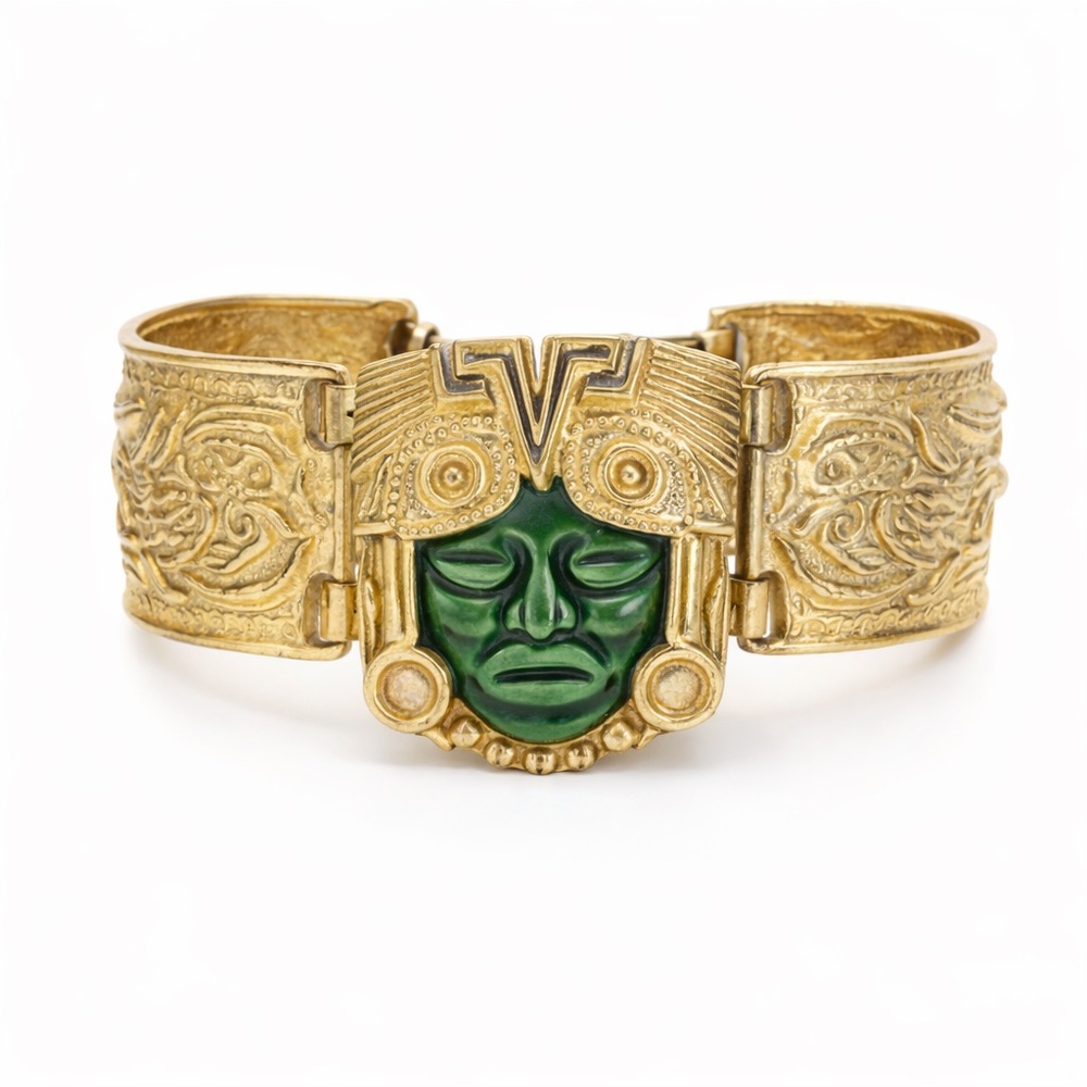 Vintage Salvador Teran Aztec Mask Cuff Bracelet Mexican Gold Hinge Bracelet